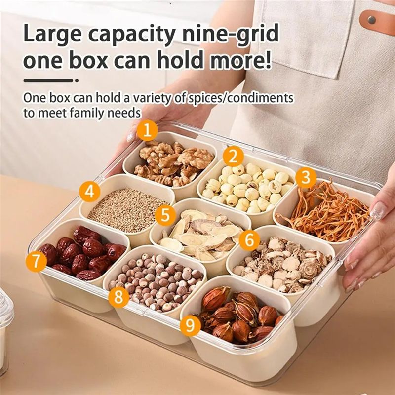 Food Snacks Box - ถาดแบ่งช่อง 9 ช่องพร้อมฝาปิด กล่องใส่ขนมแบบพกพา ภาชนะใส่เครื่องปรุงรสในครัว สำหรับใส่ขนม