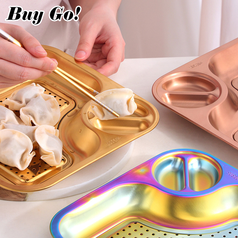 Food Snacks To Buy - 1PC Creative Dumplings แผ่นสแตนเลสสตีลพิเศษจานอาหารค่ําน้ําส้มสายชูจานอาหารท่อระบายน้ําผลไม้ถาดคู่