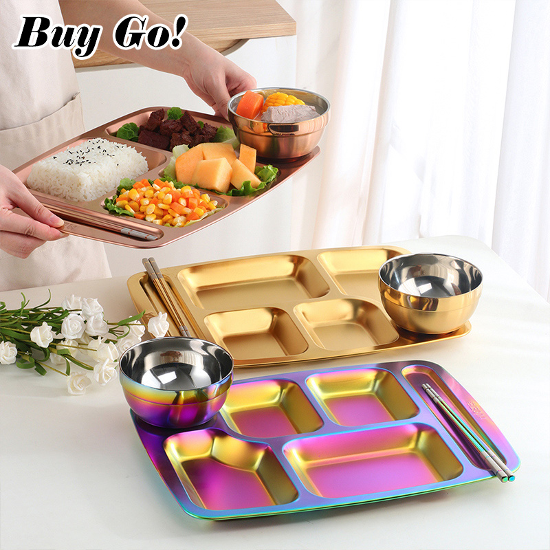 Food Snacks To Buy - 6ส่วนสแตนเลสสตีลอาหารถาดแบ่งอาหารกลางวันเสื่อปูโต๊ะอาหารขนมขบเคี้ยวพร้อมช้อนตะเกียบสำหรับเด็ก